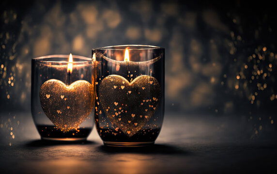 Beautiful candles burning on dark background. Perfect for romantic love concept. Lots of copy space. Based on Generative AI