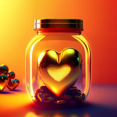 Beautiful illuminated golden heart, kept in a jar, warm light, concept of valentines, love, generosity, isolated on orange background 