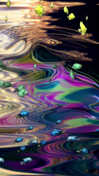 Beautiful abstract animation of fish swimming, surrealist iridescent waves flowing in a 30 second loop, native 9:16 TikTok, social media ads, music animation for Spotify Canvas (generative AI, AI)