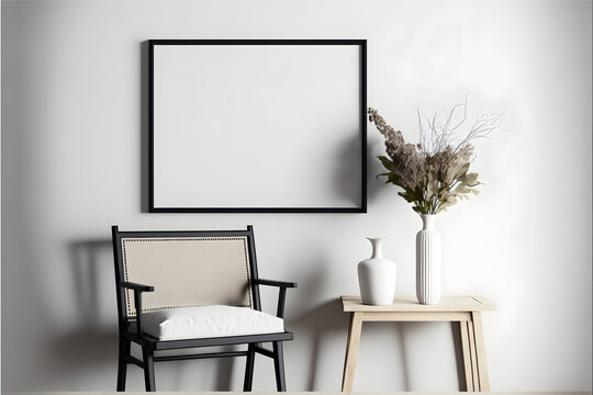 Blank frame mockup in modern interior design with trendy vase and chair on empty white wall background, Horizontal template for painting, photo or poster. Artwork mock-up.