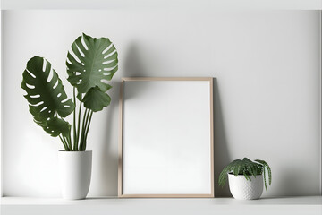 Empty vertical frame mockup in modern minimalist interior with plant in trendy vase on white wall background. Template for artwork, painting, photo or poster
