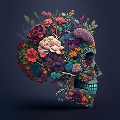 Flowers Forever, Colorful Floral Skull Covered in Blooms and Plants, Gardener, Dark Academia [Generative AI]