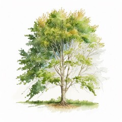 Small Green Deciduous Tree in Summer, Watercolor Painting Style [Generative AI] - obrazy, fototapety, plakaty