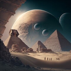 View of ancient pyramids at night, under a starry sky. Generative AI