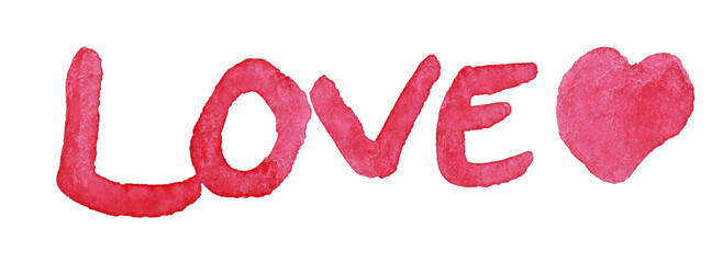 red watercolor love word with heart on white background 