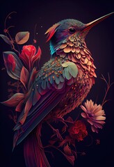 illustrated hummingbird with floral background, generative AI Art