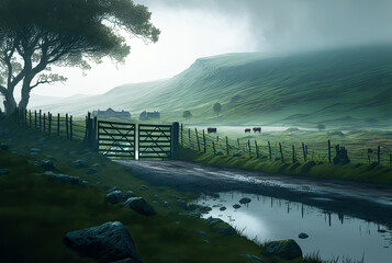 Irish landscape, farm with closed gate, wet and foggy. Generative AI - obrazy, fototapety, plakaty