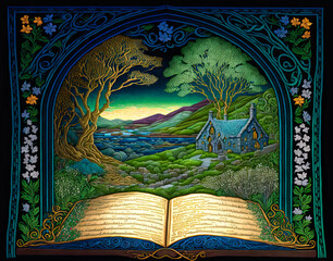 Irish landscape, illuminated manuscript style. Generative AI