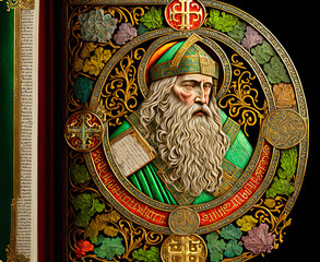 St. Patrick, illuminated manuscript style. Generative AI