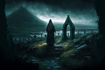 Irish landscape, old banshee woman at cemetery, dark, moody. Generative AI - obrazy, fototapety, plakaty