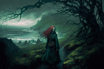 Red haired banshee, Irish landscape, path, raining, dark, moody. Generative AI - obrazy, fototapety, plakaty