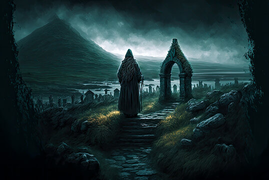 Irish landscape, old banshee woman at cemetery, dark, moody. Generative AI