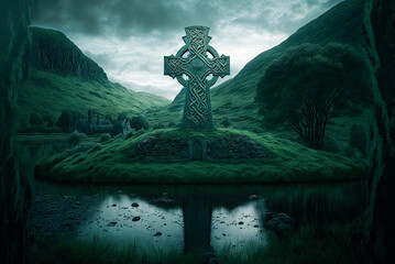 Irish landscape, giant Celtic cross over burial mound with door. Generative AI - obrazy, fototapety, plakaty