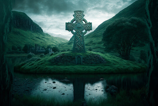 Irish landscape, giant Celtic cross over burial mound with door. Generative AI