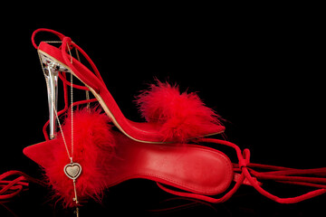 sexy, red strappy high heel shoes with box on a black background