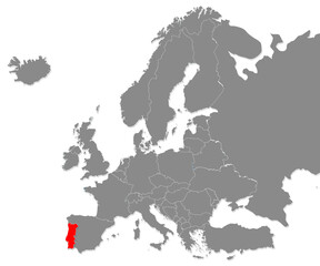 Map of Portugal highligted with red in Europe map