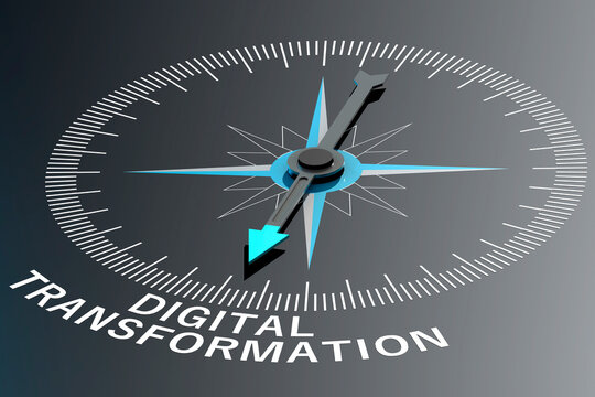 Compass needle pointing to digital transformation word