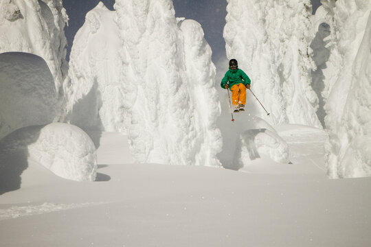 A skier bursts through snowy trees.