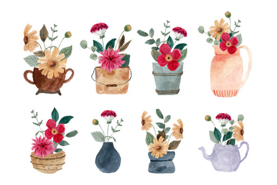 rustic flower in pot watercolor collection