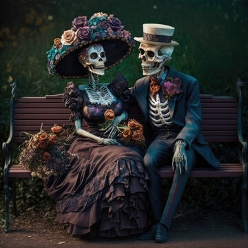 Until Death Do Us Part Couple.  Catrine and Catrina sitting holding hands on a bench with bouquet of flowers and flower hat. Did de Los Metros, Generative AI