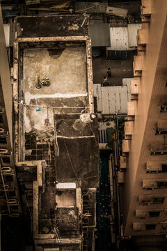 Looking down at an apartment rooftop
