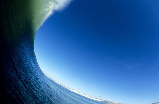 Big winter swell about to break off the coast of Baja near Rosarito Beach in Baja California. (Fisheye)