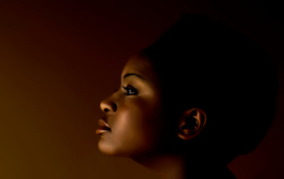 A Young African-American Woman Wears Her Hair In A Natural Afro Hairdo And Uses Very Simple Make-up. Her Left Profile Shows Her, Soft Brow, Straight Nose And Full Lips.