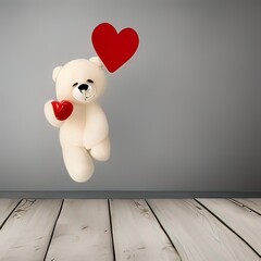 a white teddy bear holding a red heart, bearbrick, photo studio background, photo studio  