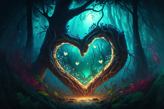 A green forest meadow with a colorful heart radiating light beams, magic lights - Valentine's Day - Generative Ai