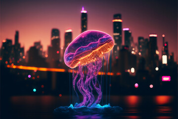 Jellyfish over neon city