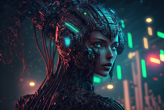 Cyberpunk depicting the dominance of artificial intelligence over humans. Brain, Sci-fi, AI.