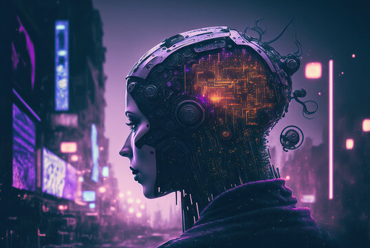 Cyberpunk depicting the dominance of artificial intelligence over humans. Brain, Sci-fi, AI.