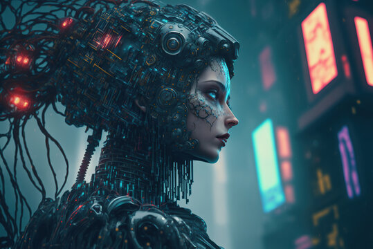 Cyberpunk depicting the dominance of artificial intelligence over humans. Brain, Sci-fi, AI.