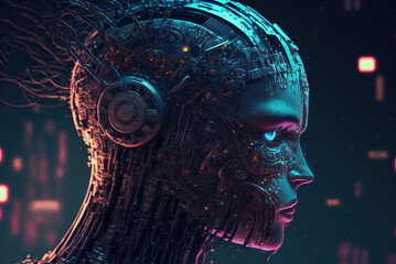 Cyberpunk depicting the dominance of artificial intelligence over humans. Brain, Sci-fi, AI.