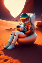 An astronaut resting on mars in a beach chair
