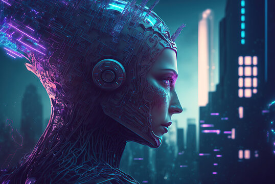Cyberpunk depicting the dominance of artificial intelligence over humans. Brain, Sci-fi, AI.