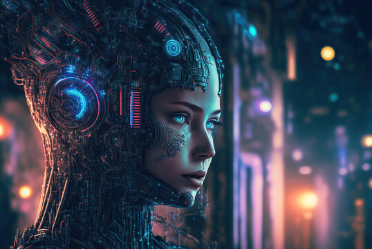 Cyberpunk depicting the dominance of artificial intelligence over humans. Brain, Sci-fi, AI.