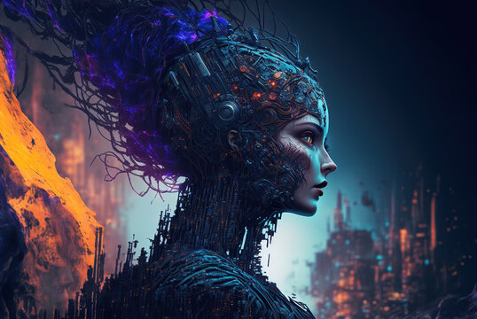 Cyberpunk depicting the dominance of artificial intelligence over humans. Brain, Sci-fi, AI.