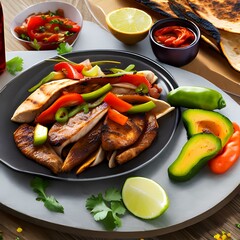 A plate of fajitas with sizzling chicken, peppers, and onions1, Generative AI