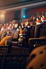 Cute small humanoid fox woman sitting in a movie theater eating popcorn watching a movie