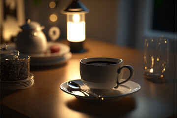 Obraz na płótnie Canvas Cup of coffee on a fine dining table in the kitchen with comfortable light and romantic lights. Generative IA