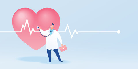 Cardiology concept. Doctor with stethoscope and heart with cardiogram. Vector illustration