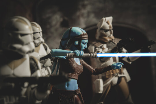NEW YORK USA, FEB 8 2023: scene from Star Wars The Clone Wars Jedi General Twi'lek Aayla Secura and clone Commander Bly and the 327th Star Corps - Hasbro action figure