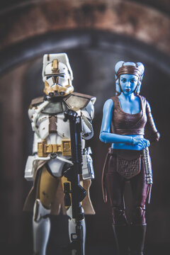 NEW YORK USA, FEB 8 2023: scene from Star Wars The Clone Wars Jedi General Twi'lek Aayla Secura and clone Commander Bly and the 327th Star Corps - Hasbro action figure