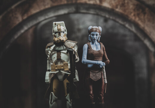 NEW YORK USA, FEB 8 2023: scene from Star Wars The Clone Wars Jedi General Twi'lek Aayla Secura and clone Commander Bly and the 327th Star Corps - Hasbro action figure