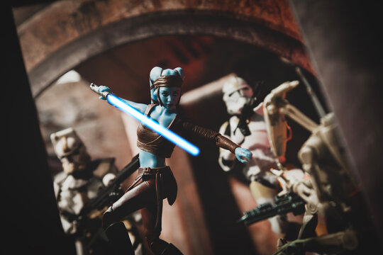 NEW YORK USA, FEB 8 2023: scene from Star Wars The Clone Wars Jedi General Twi'lek Aayla Secura and clone Commander Bly and the 327th Star Corps - Hasbro action figure