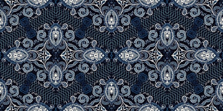 Retro indigo floral bandana 2 tone patterned fabric border background. Seamless boho denim blue banner edge design. Fashion masculine endless edging trim . 