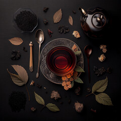 Black tea on dark background, flat lay, Generative AI