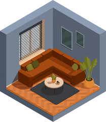 isometric living room interior with corner sofa and flowers, vector illustration