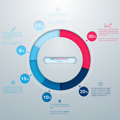 Naklejka premium Simple colourful pie chart, timeline, graph, diagram. Red and blue bars. Infographic elements. Vector illustration.